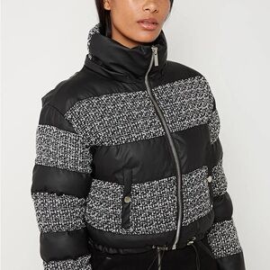Maniere De Voir Black and White Tweed-Panel Puffer Jacket